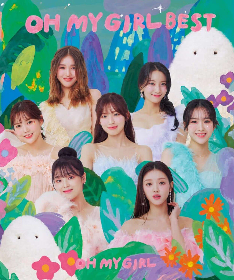 OH MY GIRL - OH MY GIRL BEST - Album Kpop : cover avec les membres du groupe, décor coloré et peluches blanches.