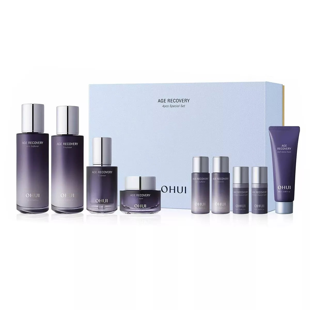 OHUI Age Recovery 2-Skin softener set de la marque OHUI, coffret de soins sur fond blanc, produits alignés.