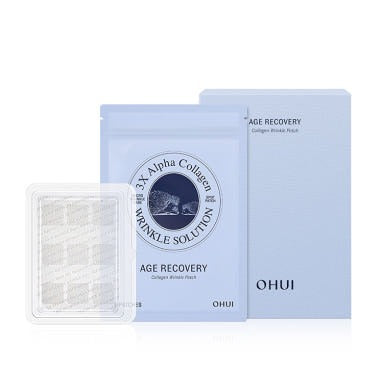 OHUI Age Recovery Collagen Wrinkle Patch 9 sheets, patchs anti-rides sur fond clair, coffret et sachets OHUI visibles.