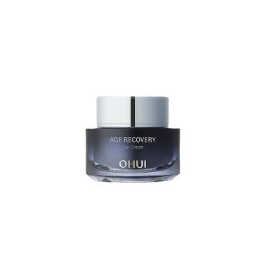OHUI Age Recovery Eye Cream 25 mL, pot cosmétique noir et argent sur fond blanc, marque OHUI visible.