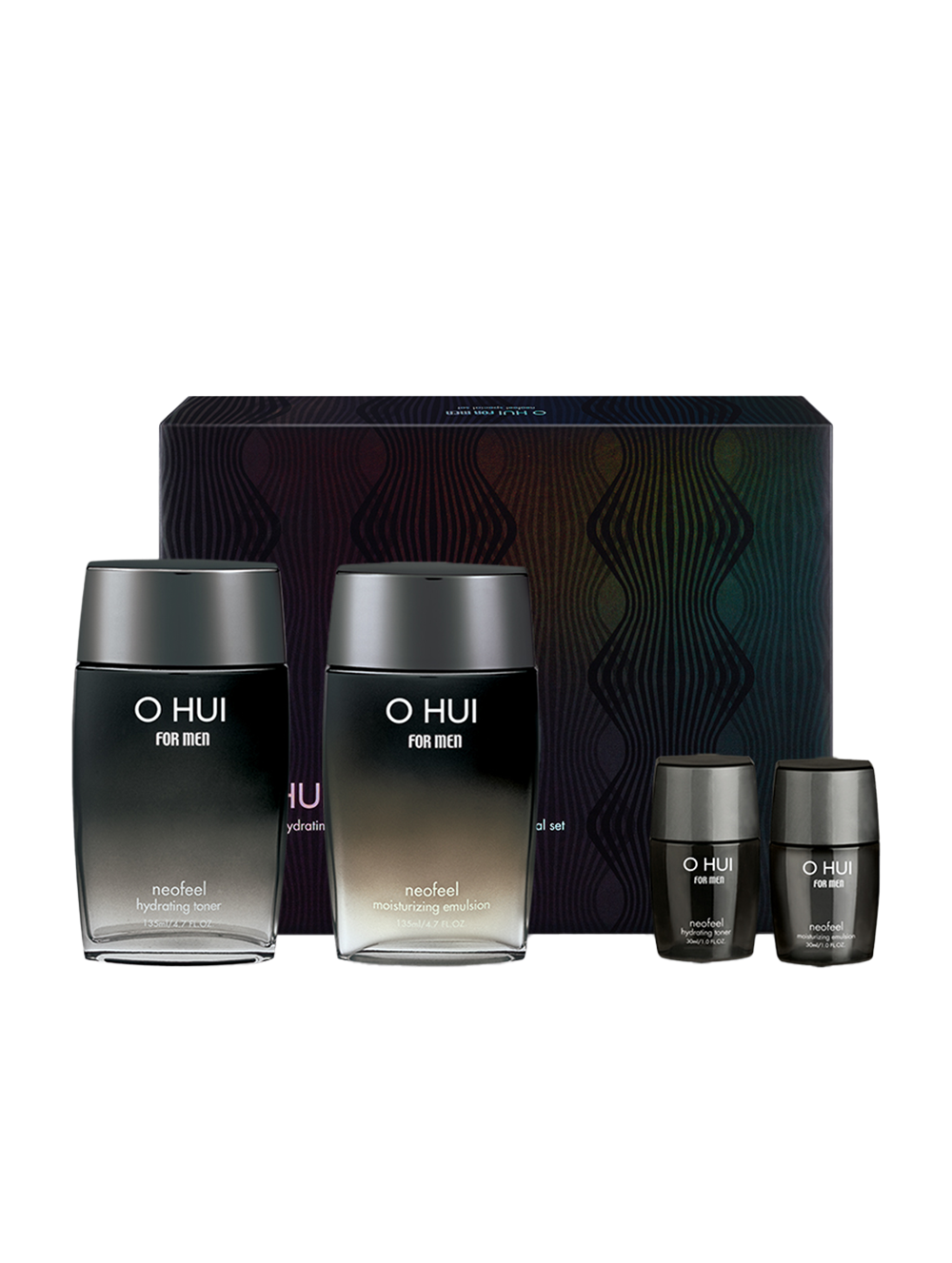 OHUI For Man Neofeel 2 Type Plan, coffret produit de soins pour homme, flacons et étui sur fond sombre