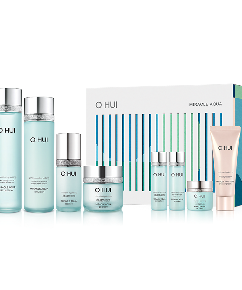 OHUI Miracle Aqua Set (Skin Softener, Emulsion, Essence, Gel Cream, Hyaluronic Water Patch) disponible sur Ma petite Coree, ton Eshop 100% K-beauty en direct de Seoul