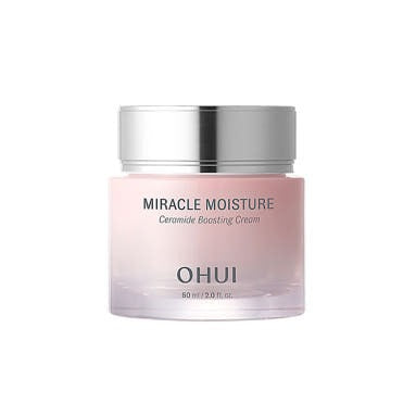 OHUI Miracle Moisture Ceramide Boosting Cream 60ml : pot rose sur fond clair, produit cosmétique de la marque OHUI.