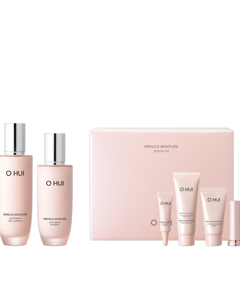 OHUI Miracle Moisture Pink Barrier Special Set (Softener, Cream, Foam, Emulsion, Essence, Mini Lipstick) disponible sur Ma petite Coree, ton Eshop 100% K-beauty en direct de Seoul