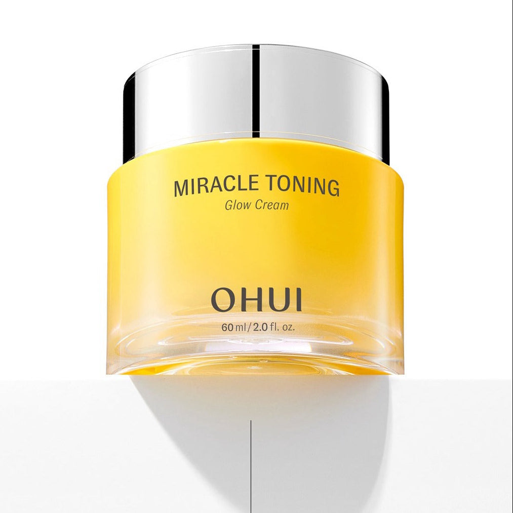 OHUI Miracle Toning Glow Cream 60 mL, pot crème jaune sur fond blanc : marque OHUI, tonifiant éclat.
