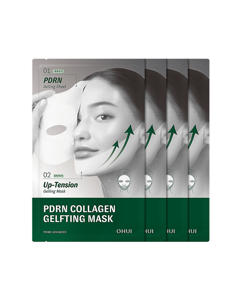 OHUI  Prime Advancer PDRN Collagen Gel Lifting Mask 4-Piece, masques PDRN en gel sur fond noir, visuel produit
