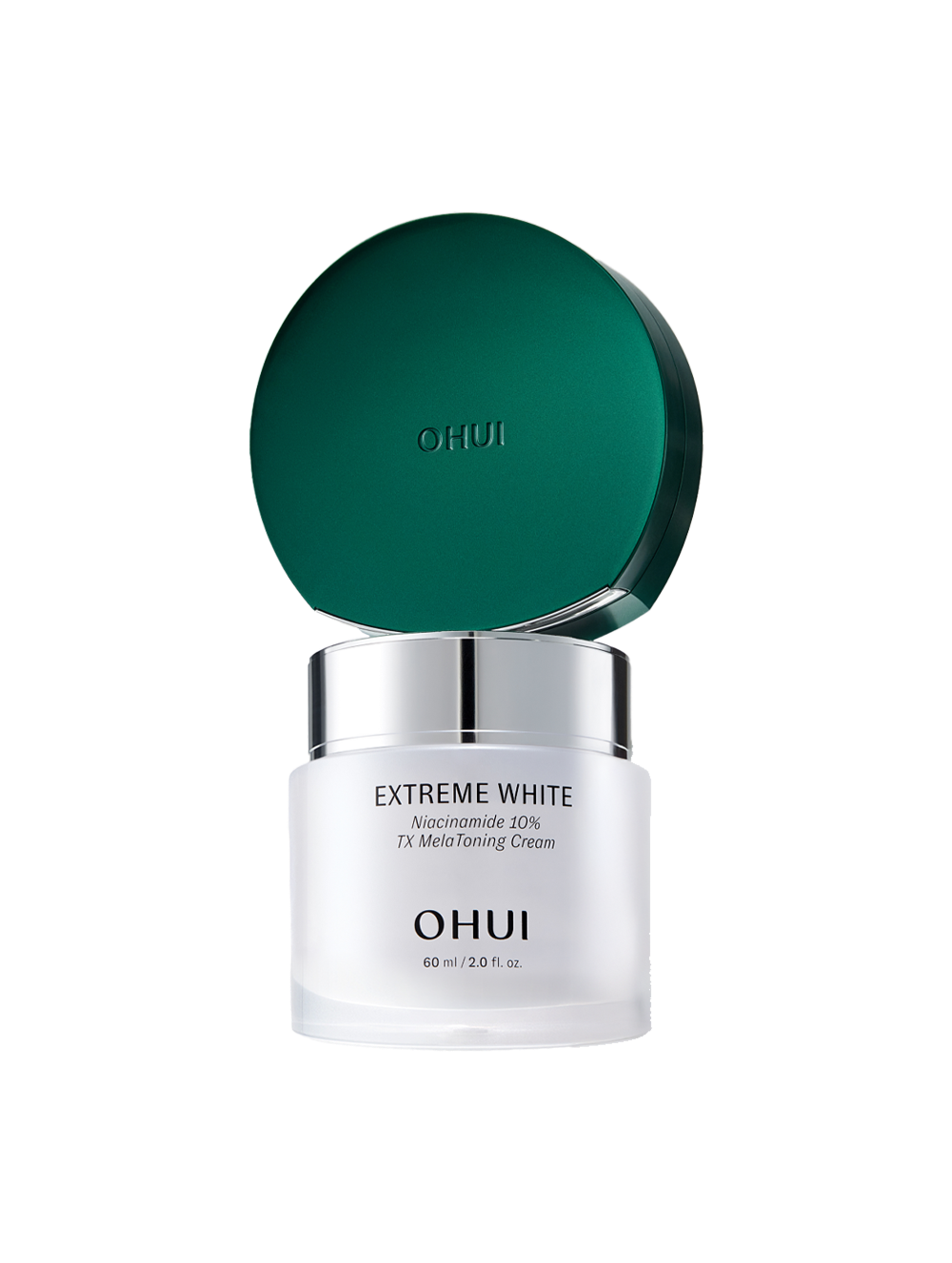 OHUI  Ultimate Cover Denier Pact + Extreme White Niacinamide 10% TX Melatoning Cream 60ml, flacon et pot sur fond blanc.