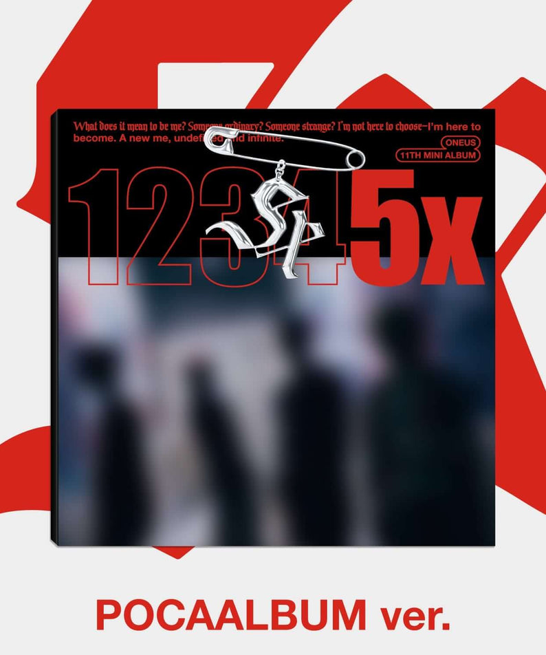 ONEUS - 11th MINI [5x] (POCAALBUM ver.) - Album Kpop : pochette noire avec texte 123 5x, branding rouge/blanc.