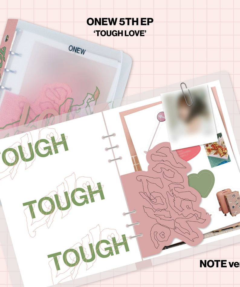 ONEW - 5th Mini Album [TOUGH LOVE] (NOTE Ver.) - Album Kpop ONEW, visuel packs rose/notes, couverture et photos sur fond graphique