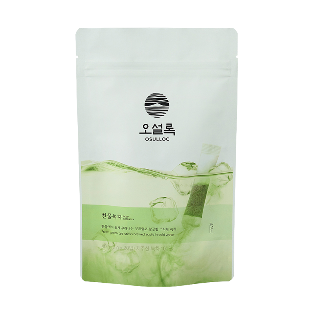 OSULLOC Cold Green Tea 20p, sachet de thé vert glacé de la marque OSULLOC, arrière-plan blanc, visuel produit