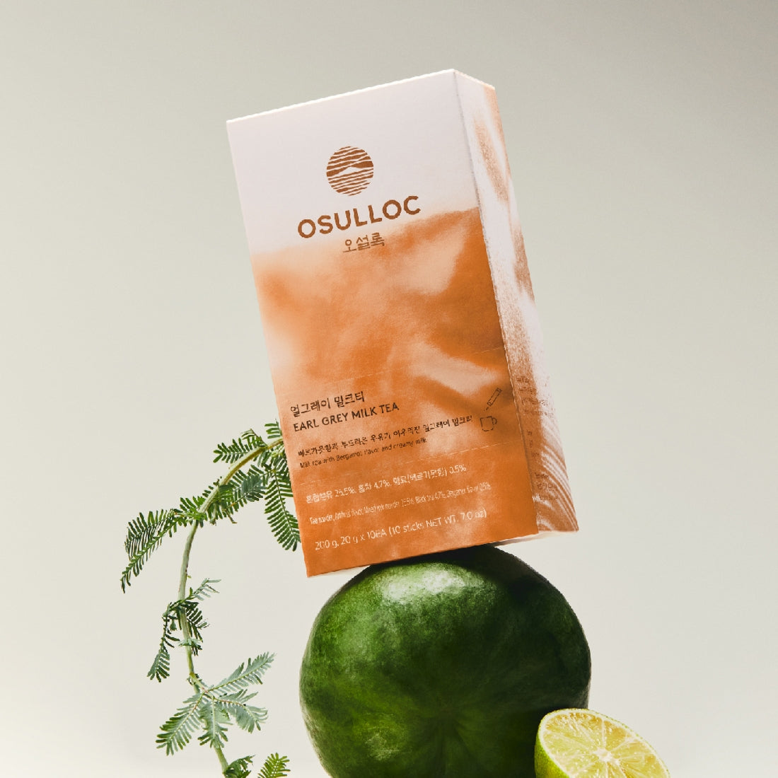 OSULLOC Earl Grey Milk Tea 10 p : sachet emballé sur fond clair, agrumes et melon, style visuel produit.