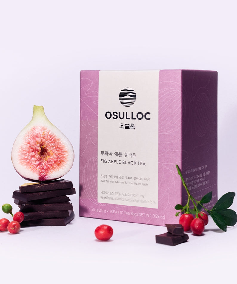 OSULLOC Fig Apple Black Tea 10 P, marque OSULLOC, sachets avec figue et pommes, fond clair, décors fruits et chocolat