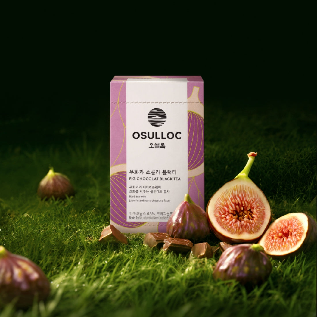 OSULLOC Fig Chocolate Black Tea 20 P : boîte et thé sur fond vert, figues et chocolat illustrés.