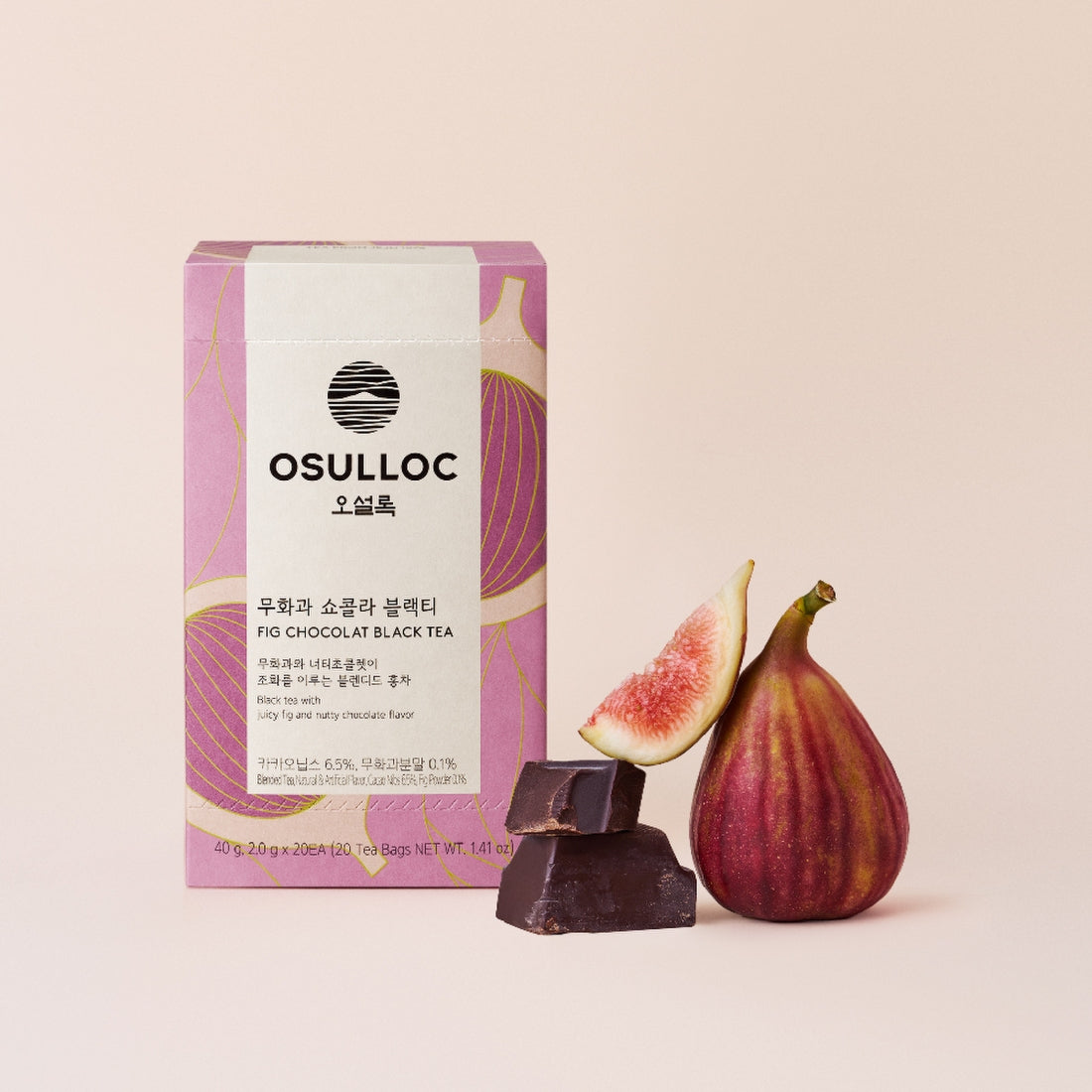 OSULLOC Fig Chocolate Black Tea 20 P : sachet et ingrédients (figue, chocolat) sur fond clair, produit de la marque OSULLOC.