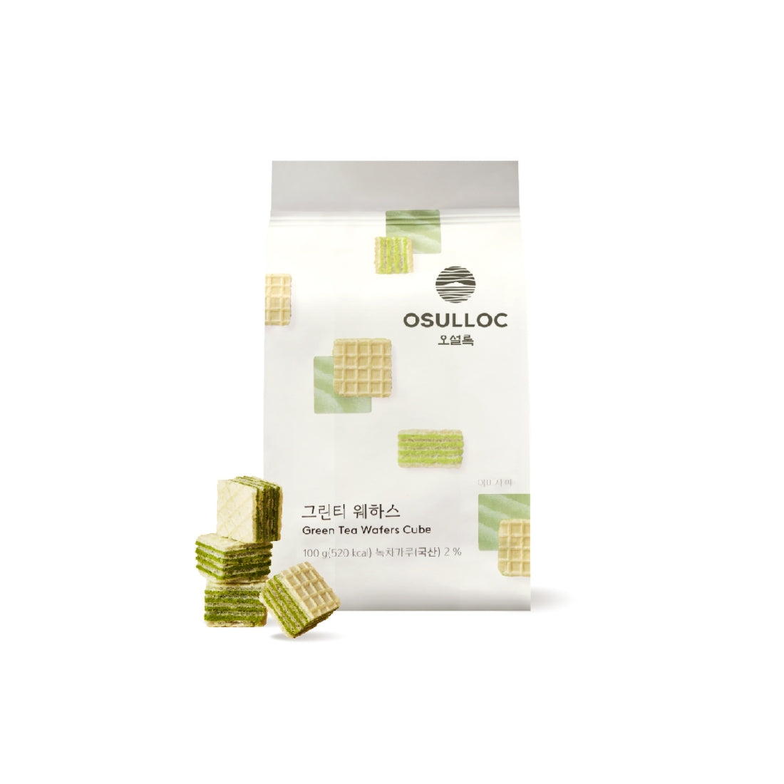 OSULLOC Green Tea Wafers 100g : sachet avec petits cubes de wafers au thé vert, sur fond blanc.