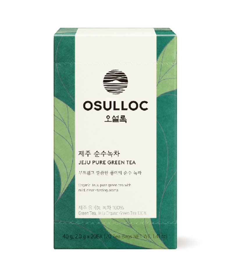 OSULLOC Jeju Pure Green Tea 20 P : boîte de thé vert pur OSULLOC, contexte visuel feuilles de thé vert.