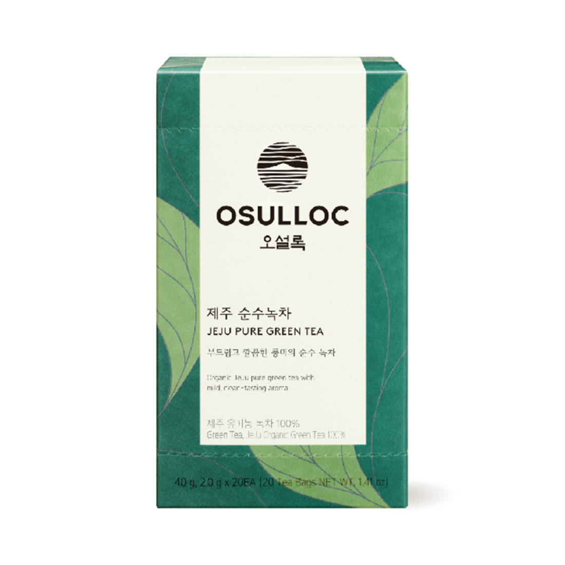 OSULLOC Jeju Pure Green Tea 20 P : boîte de thé vert pur OSULLOC, contexte visuel feuilles de thé vert.