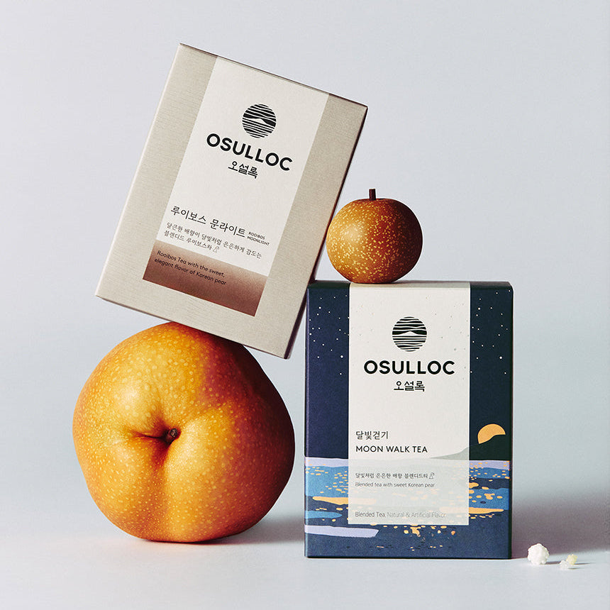 OSULLOC Landeschat Best Tea Set : boîtes et thé assorti posés sur fond clair, décoré de fruits, marque OSULLOC