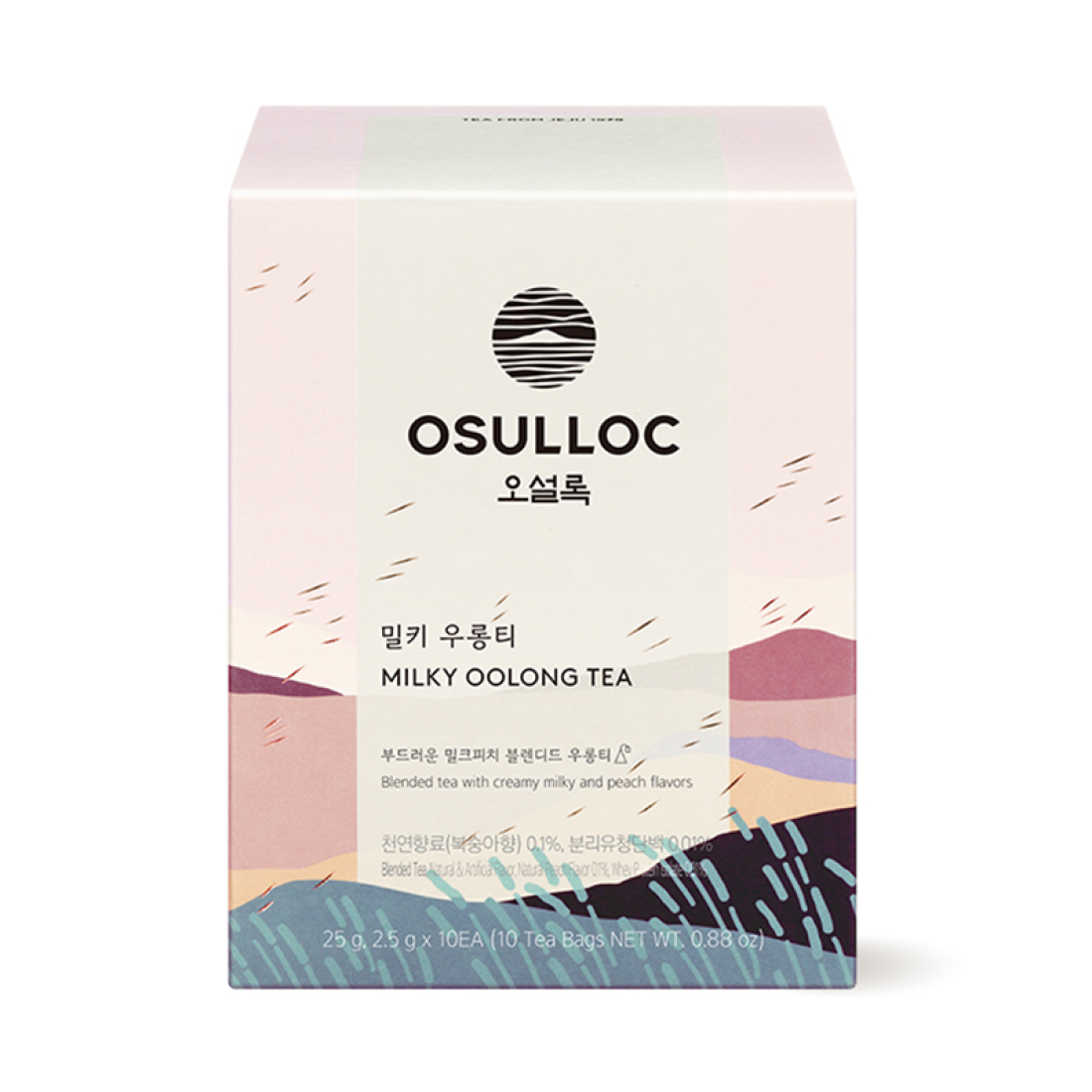 OSULLOC Milky Oolong Tea 10 p : boîte de thé oolong crème sur fond blanc, marque OSULLOC, décor graphique
