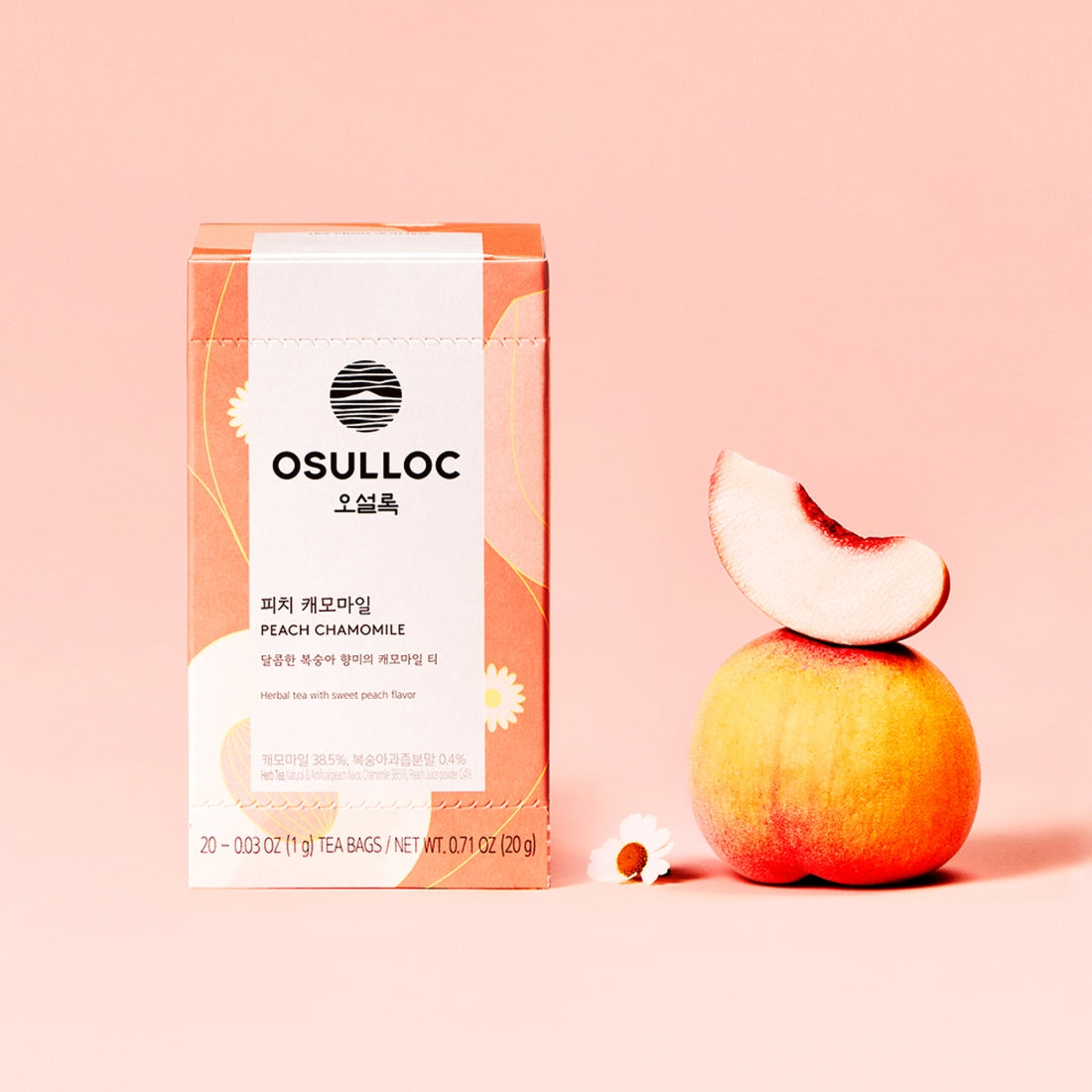 OSULLOC Peach Chamomile 20 P : boîte de thé avec pêches et fleurs de camomille, décor rose pastel, marque OSULLOC