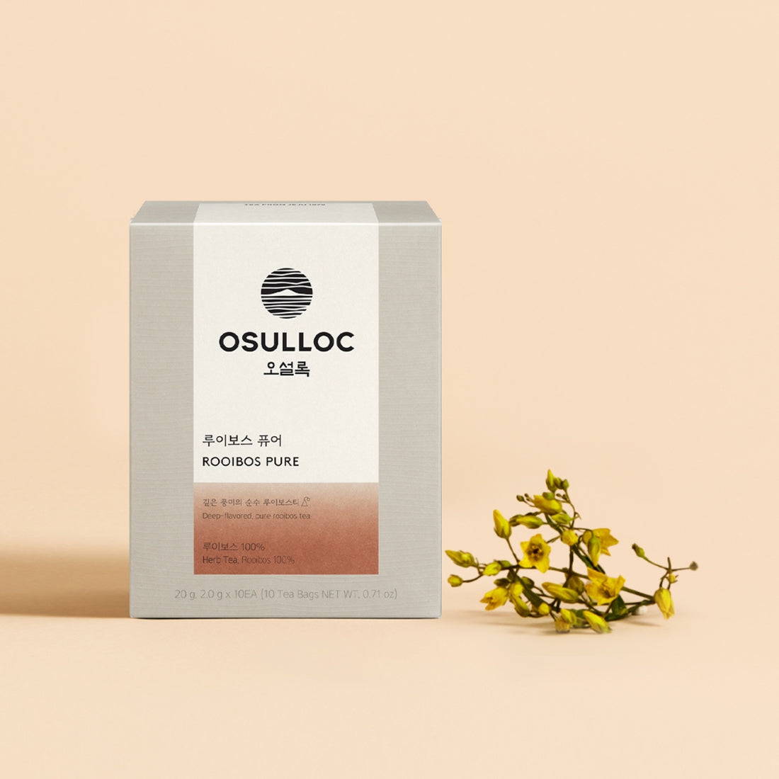 OSULLOC Rooibos Pure 10 p : boîte et tiges de rooibos, fond beige, présentation produit de la marque OSULLOC