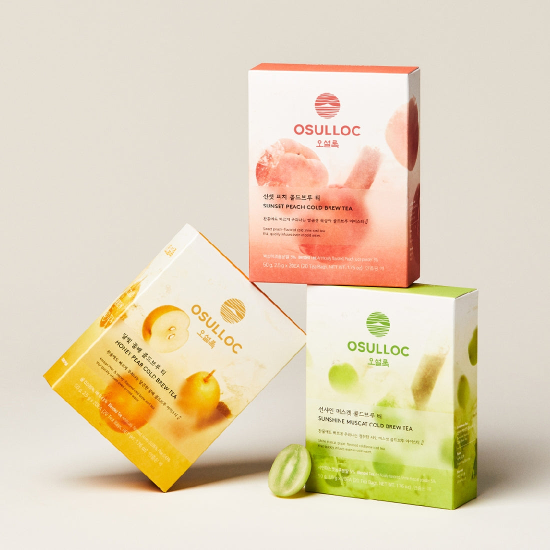 OSULLOC Sunset Peach Cold Brew Tea 20 P de la marque OSULLOC, packaging et sachets sur fond clair, pêche au soleil.