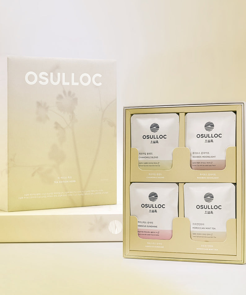 OSULLOC Tea Edition Herb 4 Types de la marque OSULLOC, coffret élégant sur fond clair, boîtes d’herbes en photo.