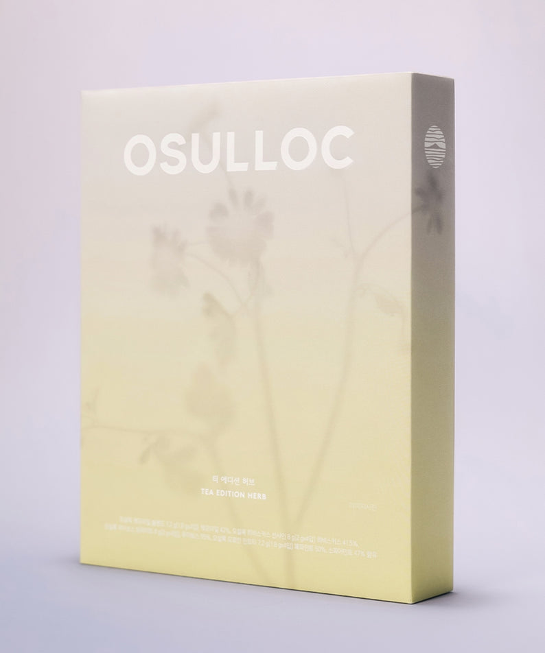 OSULLOC Tea Edition Herb 4 Types, coffret de thé à l’herbe OSULLOC sur fond clair, design minimaliste.