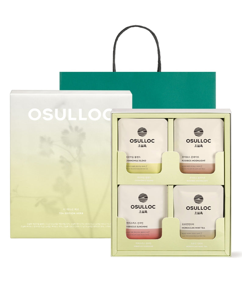 OSULLOC Tea Edition Herb 4 Types, coffret de thé aux herbes, marque OSULLOC, pack vert et blanc sur fond clair