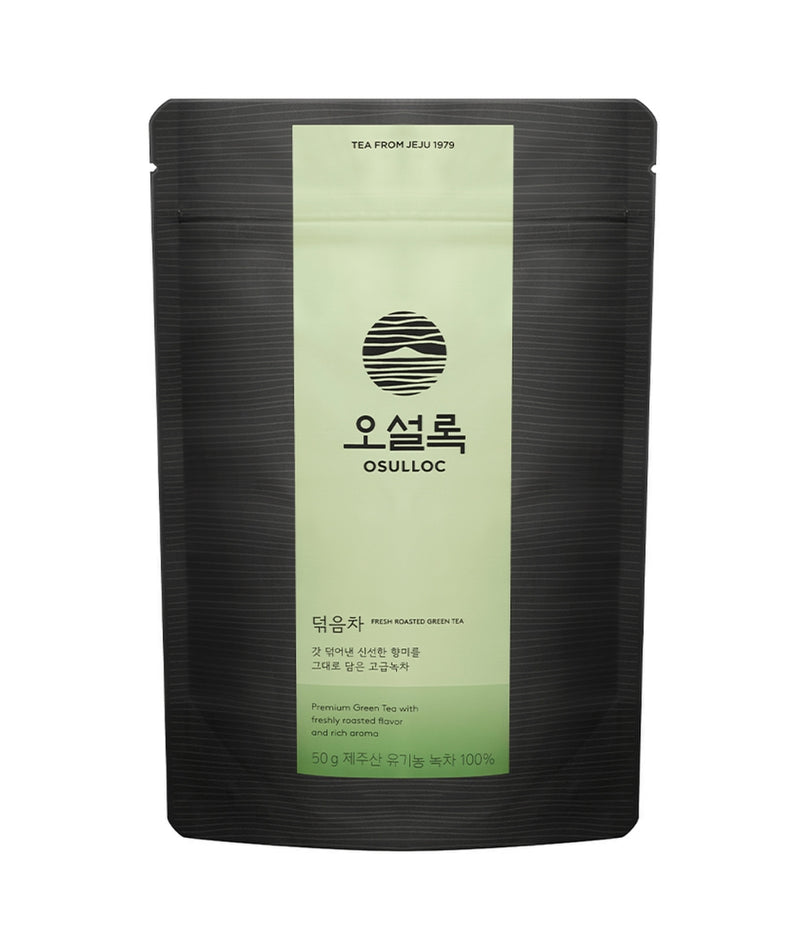 Emballage de thé vert rôti OSULLOC Fresh Roasted Green Tea 50g en coréen.