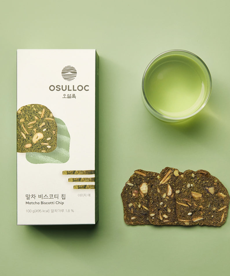 OSULLOC Matcha Biscotti Chips 100g avec thé vert et chips tranchées, savourez l'exquis goût de matcha coréen authentique.