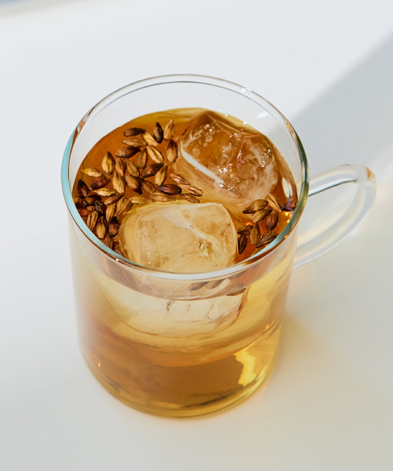 Tisane glacée dans une tasse en verre, représentant OSULLOC Rooibos Pure 10 p avec glaçons et grains visibles.