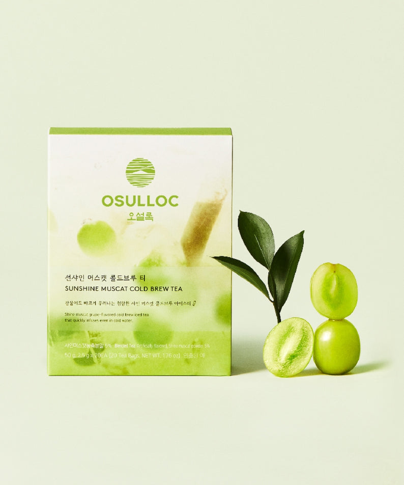 OSULLOC Sunshine Muscat Cold Brew Tea 20 p, thé rafraîchissant, packaging et raisins verts, produit coréen de qualité.