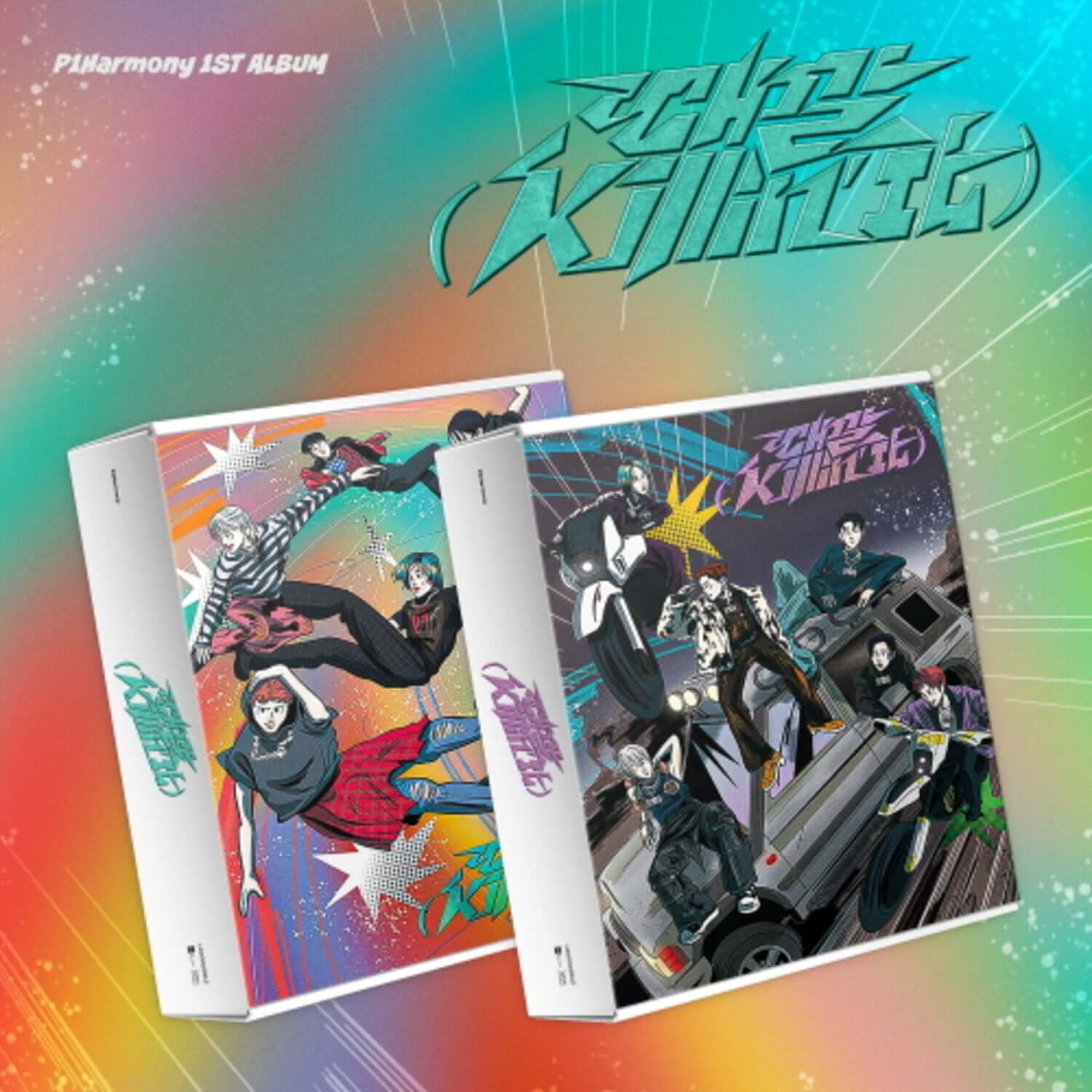 P1HARMONY - 1st Album [Killin’ It] (Random 1 of 2) - Album Kpop, jaquettes stylées avec duo de livres, fond néon vert
