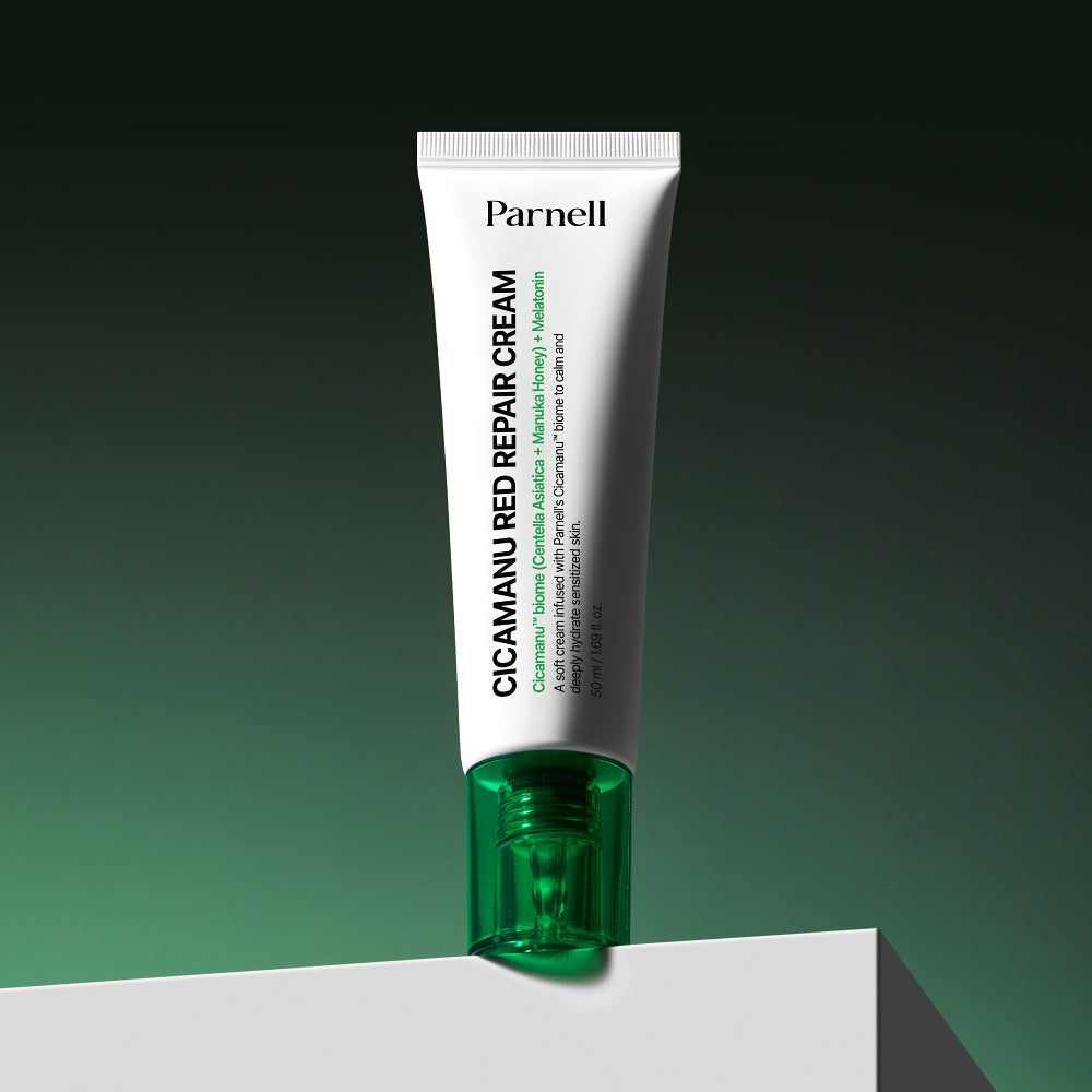 PARNELL Cica Manu Red Repair Cream 50ml, tube crème cicatrisante Parnell sur fond vert et blanc, produit beauté