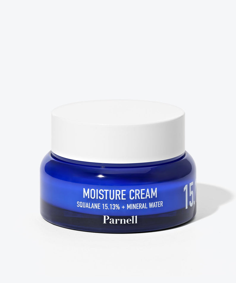 Crème hydratante PARNELL Squalane 15.13 Mineral Water Moisture Cream 50ml en pot bleu, vue de face.