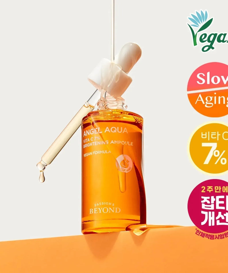 PASSION & BEYOND Angel Aqua Vita C 7% Blemmish Ampoule 30ml, flacon orange sur fond minimal, logo Vegan et anti-âge