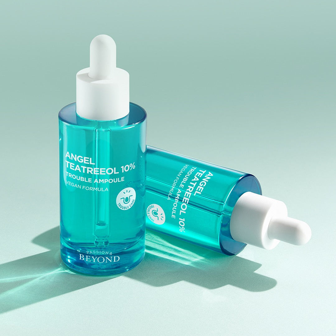 PASSION & BEYOND Angel Tea Tree 10% Trouble Ampoule 50ml de la marque, flacon bleu sur fond vert.