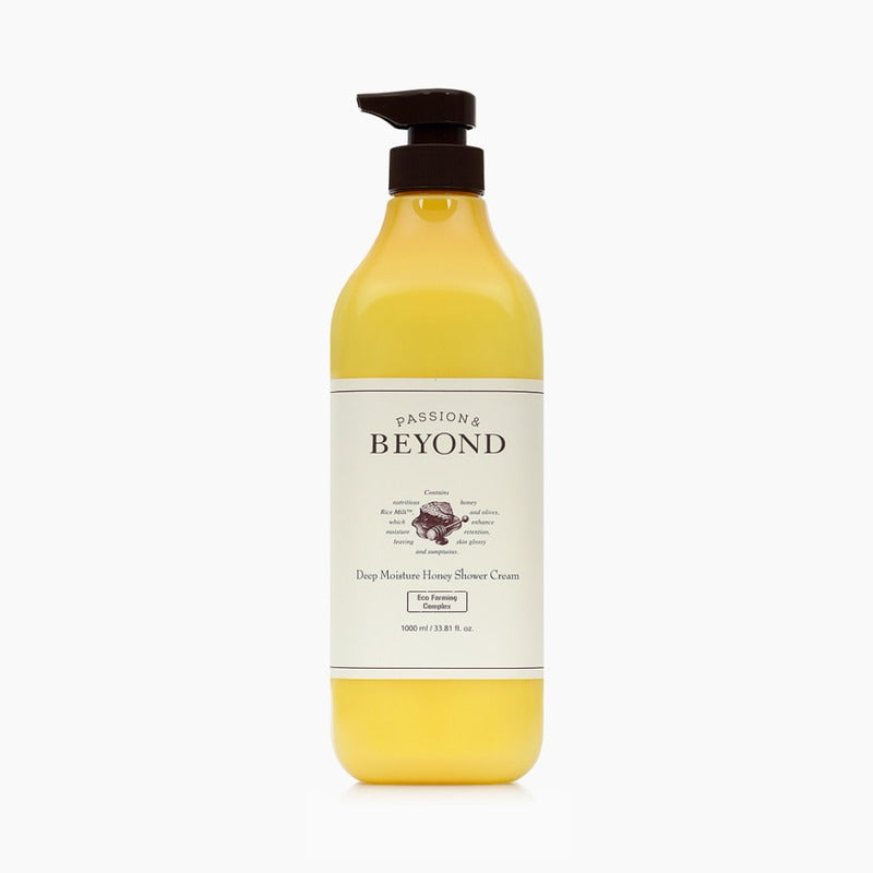 PASSON & BEYOND Deep Moisture Honey Shower 1L, flacon jaune à pompe, sur fond blanc. Marque en évidence.