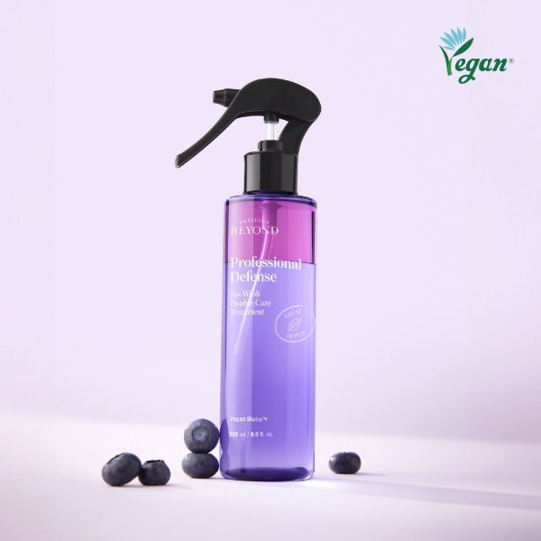 PASSON & BEYOND Profeesional Defense No-Wash Double Care Treatment 205ml, bouteille violet près de pierres, fond clair