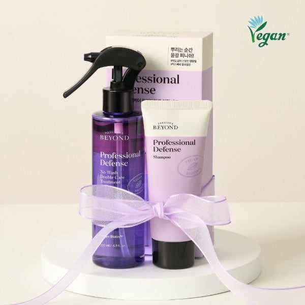 PASSON & BEYOND Profeesional Defense No-Wash Double Care Treatment 205ml : flacon violet, coffret beauté, sur fond clair
