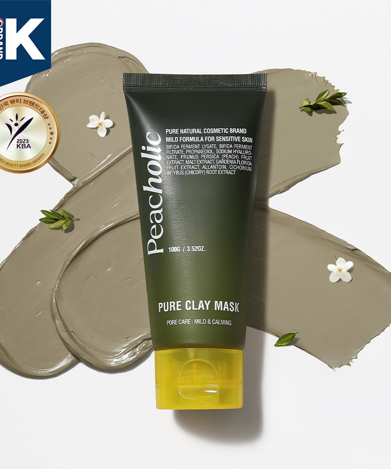 PEACHOLIC  Pure Clay Mask 100ml : tube de masque à l’argile, marque PEACHOLIC sur fond beige, fleurs et éclaboussures