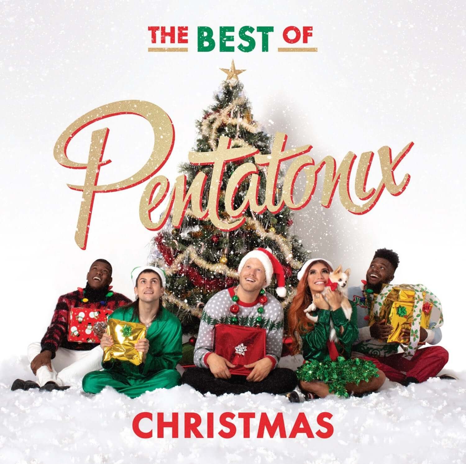 PENTATONIX - Album Kpop : pochette de Noël avec le groupe Pentatonix, sapin et neige, design festif