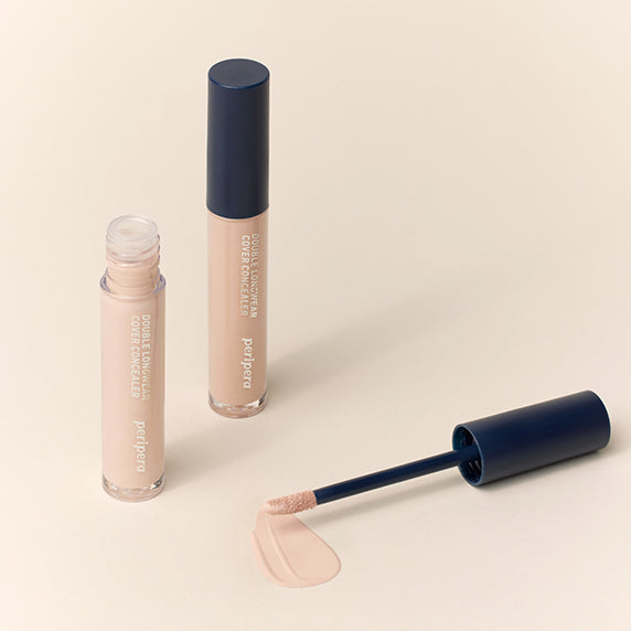 PERIPERA Double Longwear Cover Concealer, marque PERIPERA : tube et applicateur sur fond clair, style maquillage.