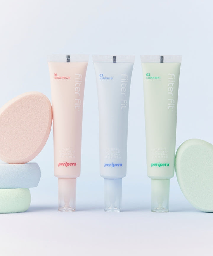 PERIPERA Filter Fit Milk Tone-Up Cream, marque Peripera : tubes et texture sur fond pastel, contexte beauté.