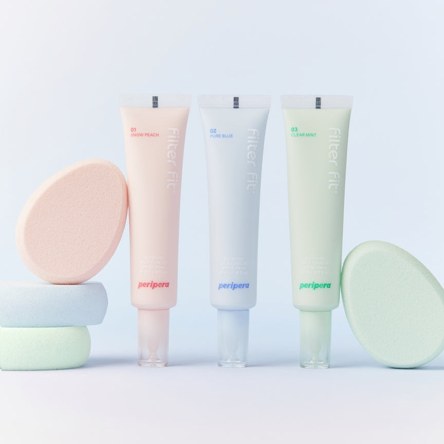 PERIPERA Filter Fit Milk Tone-Up Cream, marque Peripera : tubes et texture sur fond pastel, contexte beauté.