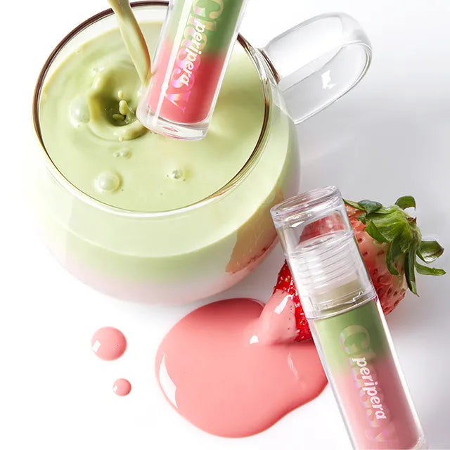 PERIPERA Ink Glazing Lip Gloss, flacons et teintes, sur fond blanc avec texture et éclats maquillage, visuel produit.