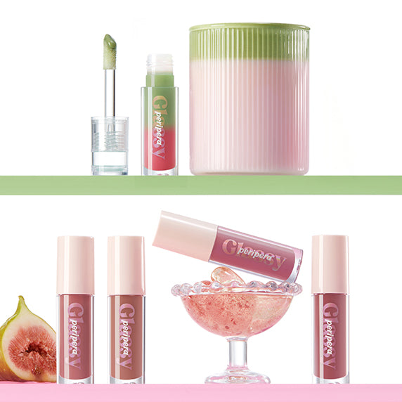 Décris l'image en français : PERIPERA Ink Glazing Lip Gloss, maquillage de la marque PERIPERA, flacons et teintes rose sur fond clair.