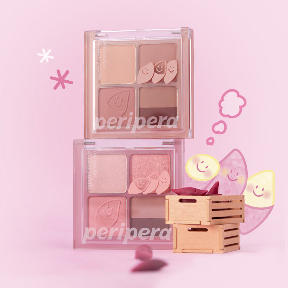 PERIPERA Ink Pocket Shadow Palette de la marque PERIPERA, palette maquillage yeux, présentée sur fond rose pastel kawaii.