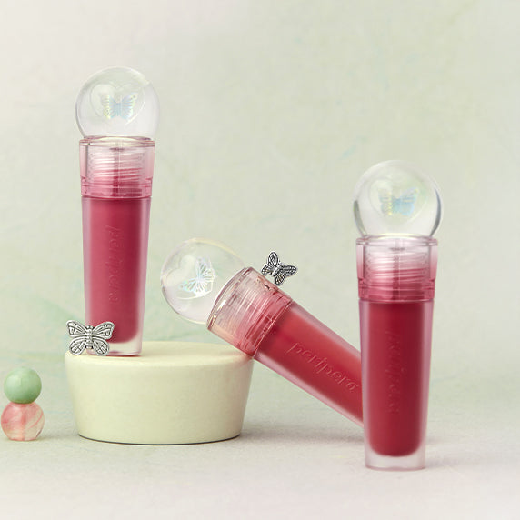 PERIPERA Ink The Gellable Tint de PERIPERA, photos produit sur fond pastel avec tubes transparents roses et reflets.